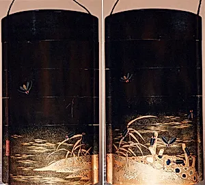 Case (Inrō) with Design of Fireflies in Flight and Climbing on Stone Baskets and Reeds at the Shore