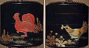 Case (Inrō) with Design of Chickens beside Spring Plants