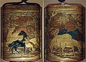Case (Inrō) with Design of Horses among Cherry Blossom Trees