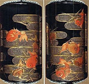Case (Inrō) with Design of Goldfish and Reed with Wave Pattern
