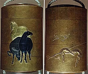 Case (Inrō) with Design of Three Horses Standing (obverse); Saddle Ends and Riding Whip (reverse) by Kakōsai