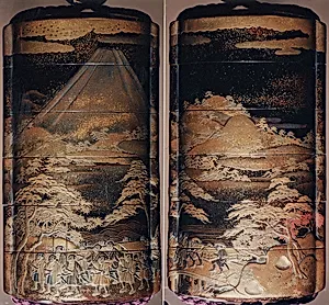 Case (Inrō) with Depiction of Daimyō Procession at the Foot of Mount Fuji by Gyokuzan
