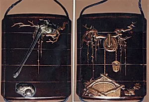 Case (Inrō) with Design of Gibbon Reaching for Frog (Symbol of Moon) (obverse); Well with Bucket (reverse)