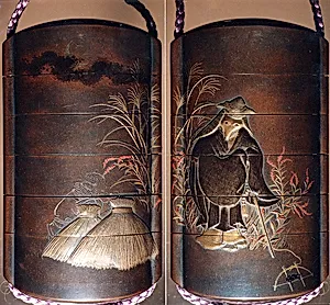 Case (Inrō) with a Fox from the Kyōgen Play The Fox Hunter (Tsurigitsune); Hunter behind Haystacks from the Kyōgen Play "Hakuzōsu" (reverse) by Shibata Zeshin
