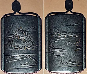 Case (Inrō) with Design of Mountain Landscape and Geese Flying