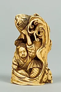 Netsuke of Group of men in the Water holding a Large Carp