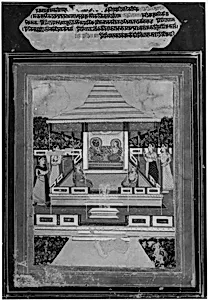 Krishna and Radha in Garden Pavilion with Female Attendants