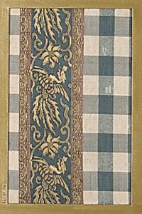 Textile fragment with pattern of checks with band of phoenixes and flowers by Unknown Artist
