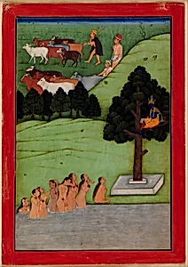 "Krishna Steals the Clothing of the Gopis (Female Cowherds)", Folio from the Devotional Text of the Bhagavata Purana by The Early Master at the Court of Mandi