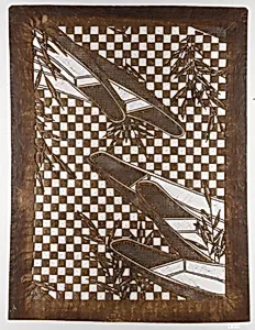 Stencil with Pattern of Boats and Reeds on a Checked Background