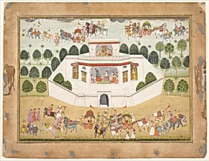 Krishna and Balarama within a Walled Palace: Page from a Dispersed Bhagavata Purana (Ancient Stories of Lord Vishnu)
