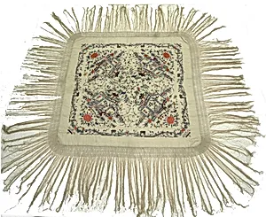 Square Export Shawl Embroidered with Four Scenes, Figures, Pavilions, Flowers and Birds