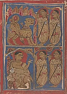 Sthulabhadra as a Lion in a Cave With His Sisters (top) / Sthulabhadra's Sisters Before Bhadrabahu (or Sthulabhadra) (bottom); Page from a Dispersed Kalpa Sutra (Jain Book of Rituals)