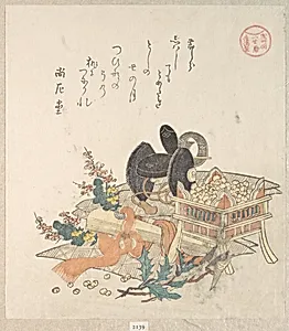 『浅草側いせ暦』　節分の悪霊ばらい『春雨集』　摺物帖 |“Beans for Tossing During Setsubun Exorcism Ceremony,” from the series Ise Calendars for the Asakusa Group (Asakusa-gawa Ise goyomi)From the Spring Rain Collection (Harusame shū), vol. 2 by Kubo Shunman