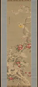 Bird among Camellias in Snow