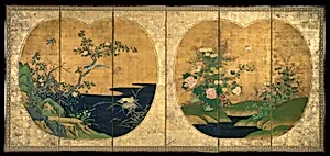 狩野周信筆　秋冬花鳥図屏風|Birds and Flowers of Autumn and Winter