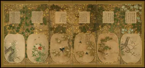 十二ヶ月花鳥図書画挿絵貼屏風|Birds and Flowers of the Twelve Months with Chinese Calligraphy