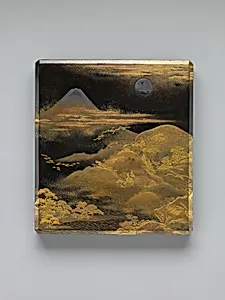 富士飛雁蒔絵硯箱|Box for Inkstone and Writing Implements (Suzuribako) with Geese against Mount Fuji in Moonlight and (inner lid) with Plovers by the Seashore