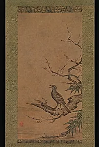 狩野松栄筆 梅鵯図|Brown-Eared Bulbul (Hiyodori) on a Branch of Plum