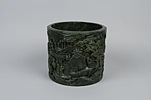 清中期 八蠻進寶圖玉筆筒|Brush holder with tribute scene