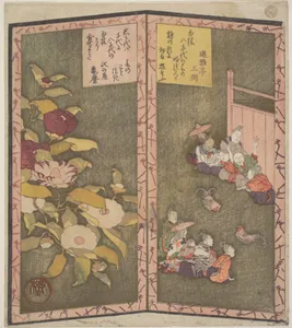 Camellia Flowers (left); People Watching a Cockfight (right)