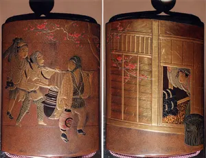 Case (Inrō) with Design of a Teahouse (obverse) Three Travelers En Route (reverse)
