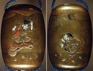 Case (Inrō) with Design of Ebisu and Daikoku Dancing beneath New Year's Decorations