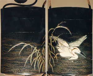 Case (Inrō) with Design of Heron Wading in Shallow Water beside Reeds