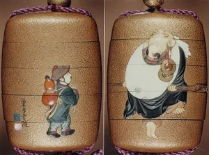 Case (Inrō) with Design of Hotei (Putai) Carrying a Small Boy (obverse); Boy Carrying Gourd-Flask (reverse)
