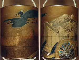 Case (Inrō) with Design of Imperial Cart and Flying Herons (obverse); Court Carriage and Flying Herons (reverse)