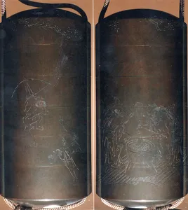 Case (Inrō) with Design of Persons with Mortar Making Mochi (obverse); Two Persons Shooting with Bow and Arrow (reverse)