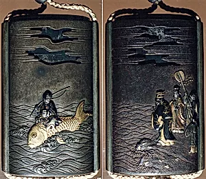 Case (Inrō) with Design of Urashima Tarō Riding a Fish among Waves (obverse); Dragon King and His Daughter on Shore (reverse)