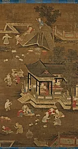 元末明初 佚名 絹本設色 嬰戯圖 軸|Children playing in the palace garden by Unidentified artist
