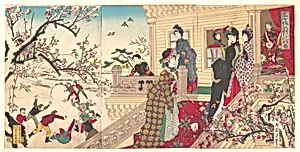 『雪中梅荘群児遊戯 図』|Children Playing in the Snow under Plum Trees in Bloom (Secchū baisō gunji yūgi zu) by Yōshū (Hashimoto) Chikanobu