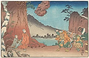 歌川国芳画　「高祖御一代略図　 小室山法論石」|Concise Illustrated Biography of Monk Nichiren: Rock Suspended by the Power of Prayer on Komuro Mountain by Utagawa Kuniyoshi