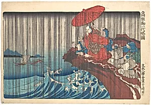 歌川国芳画　「高祖御一代略図　 鎌倉霊山ヶ崎雨祈」|Concise Illustrated Biography of Monk Nichiren: Prayer for Rain Answered at Ryōzengasaki in Kamakura by Utagawa Kuniyoshi