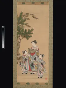 磯田湖竜斎筆 花魁と禿の初詣図|Courtesan and Two Attendants on New Year's Day