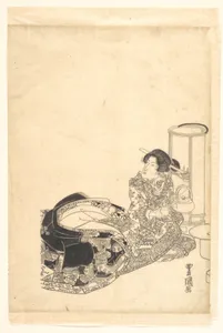 Courtesan or Actor as Courtesan Pouring Tea by the Light of a Lantern