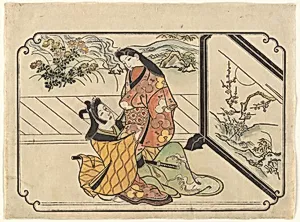 菱川師宣画　衝立のかげに 遊女と若衆|Courtesan with a Young Man (Wakashu) beside a Screen