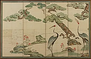 尾形光琳筆　松竹に鶴図屏風|Cranes, Pines, and Bamboo