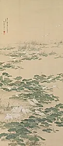 山本梅逸筆　蓮池白鷺図|Egrets in a Lotus Pond