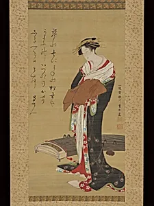 歌川豊春筆　蜀山人（大田 南畝）賛　 琴に立美人図|Female Entertainer with a Koto