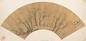 明　李流芳　疏林小景　扇|Figure standing in a grove of trees by Li Liufang