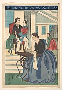 歌川芳員画　『外国人衣服仕立之図』|Foreign Family with Wife Making Clothes (Gaikokujin ifuku shitate no zu) by Utagawa Yoshikazu