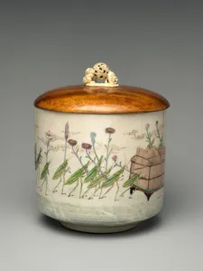 初代眞葛香山作 昆虫たちの行列文水指|Freshwater Jar (Mizusashi) with Procession of Grasshoppers