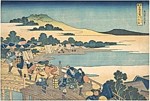 諸國名橋奇覧　ゑちぜんふくゐの橋|Fukui Bridge in Echizen Province (Echizen Fukui no hashi), from the series Remarkable Views of Bridges in Various Provinces (Shokoku meikyō kiran) by Katsushika Hokusai