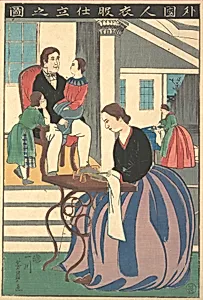 Gaikokujin ifuku shitate no zu|Picture of a Foreigner Making Clothes by Utagawa Yoshikazu