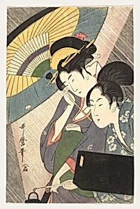 喜多川歌麿画 夜の雨に芸者と三味線箱を持つ女|Geisha and Attendant on a Rainy Night by Kitagawa Utamaro