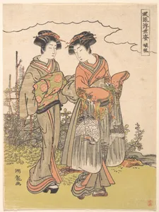 Girl Accompanied by an Elder Attendant Walking by a Stream