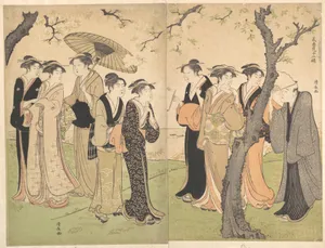 Group of Six Geisha Under the Cherry Trees on Gotenyama